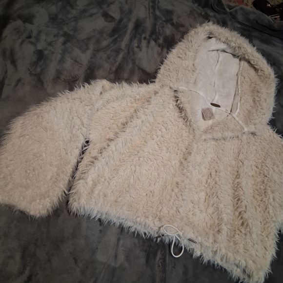Free People Jackets & Blazers - Free People Hoodie Jacket Ivory L FPOne Fur Coat White Crop Oversize Boho NWT